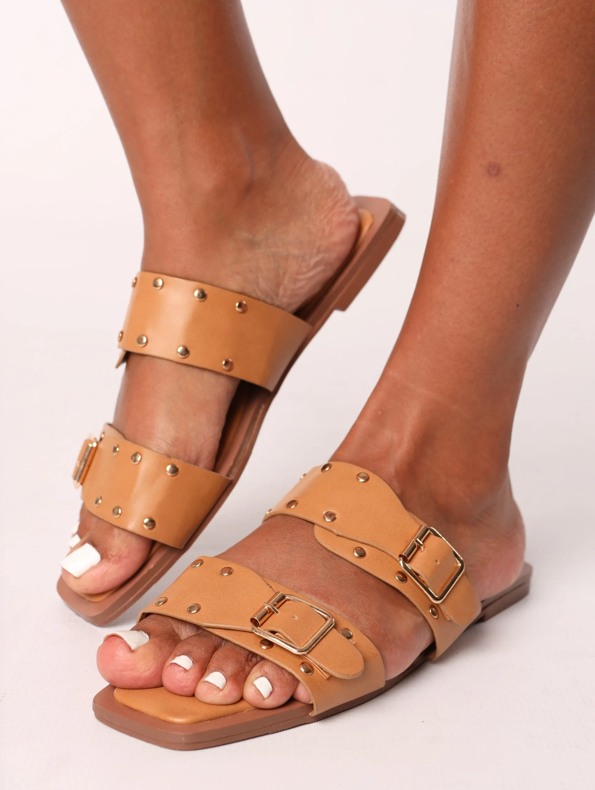 Ladies Double Embellished Buckle Strap Mule Sandal - Camel