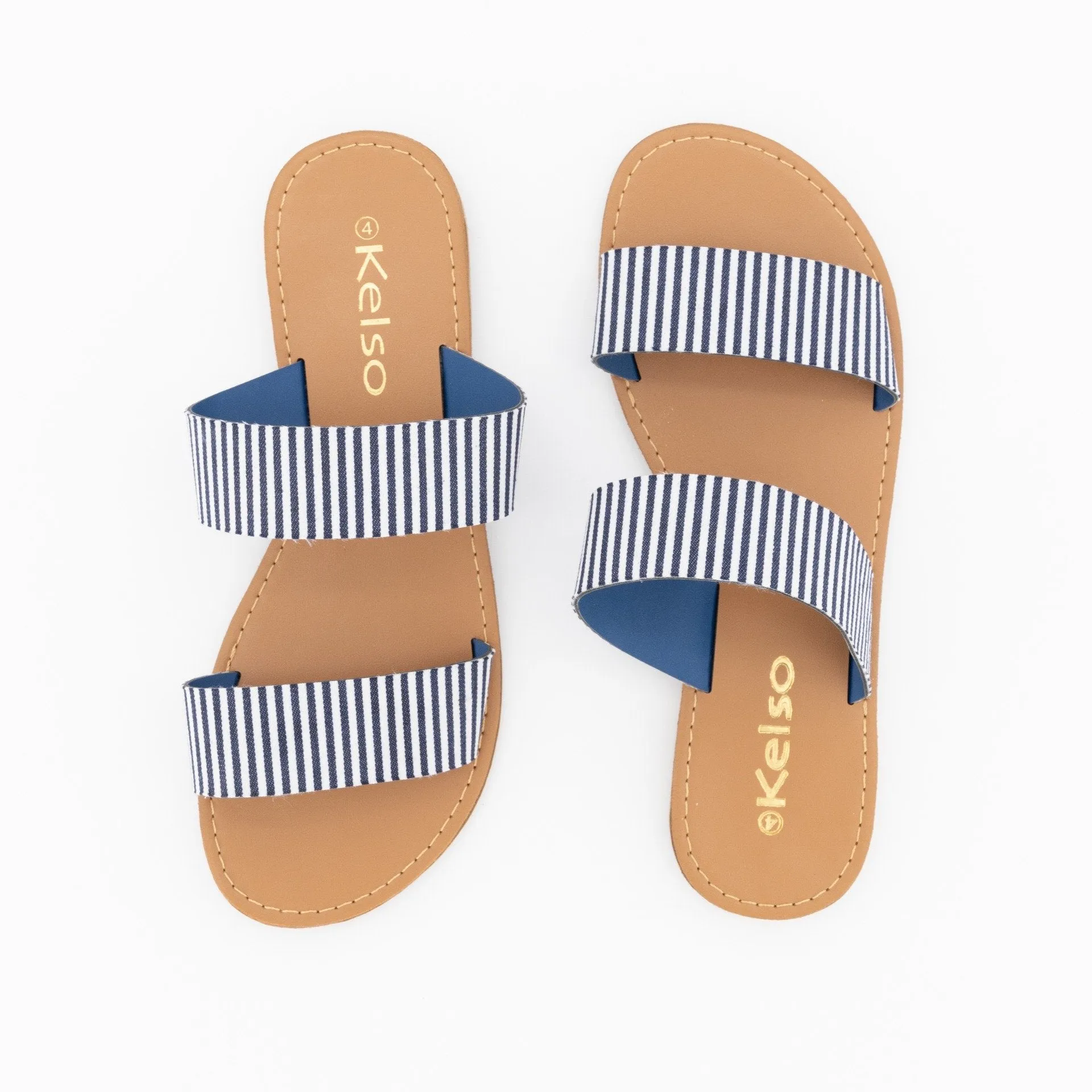 Ladies Double Strap Push-In Mule Flat Sandal - Navy