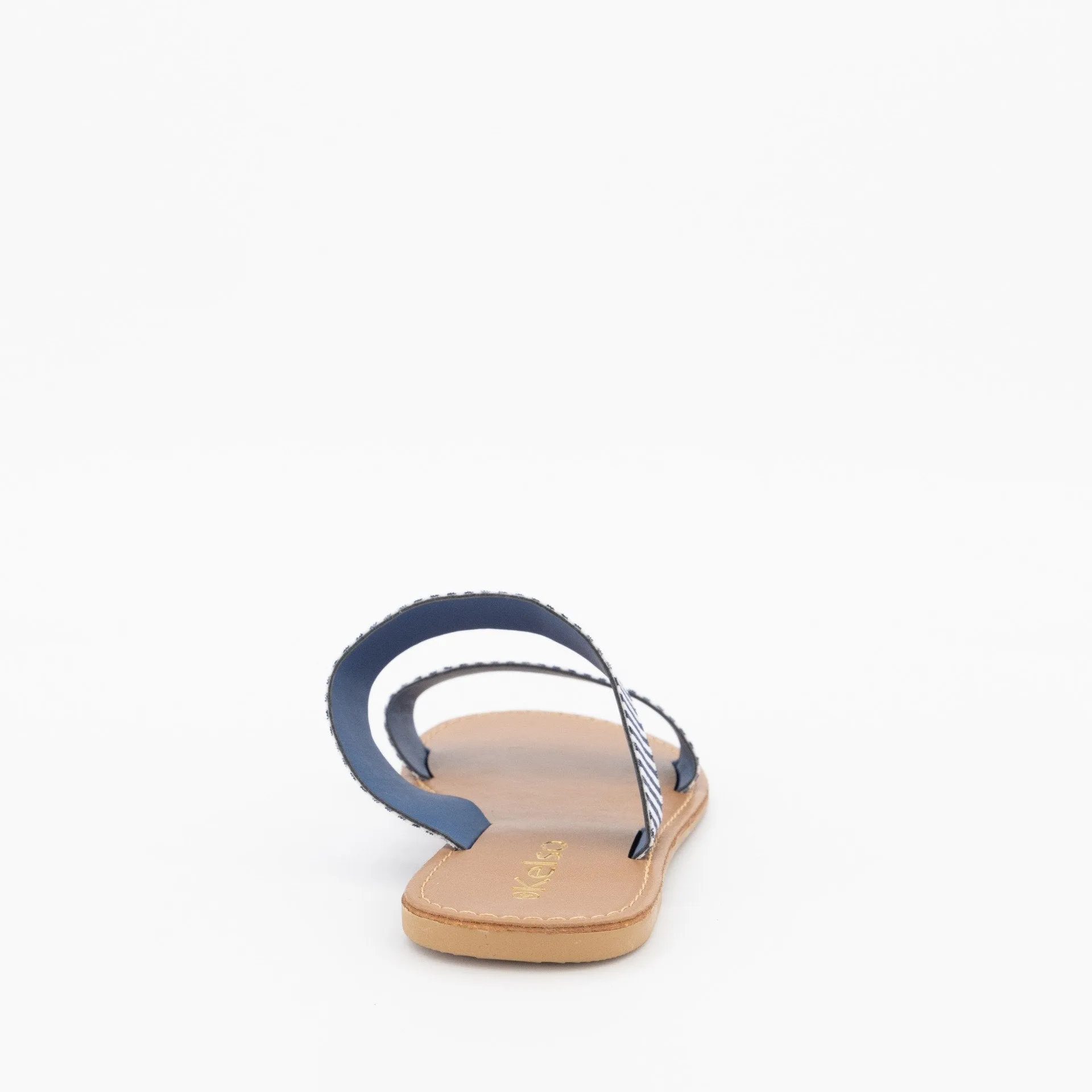 Ladies Double Strap Push-In Mule Flat Sandal - Navy