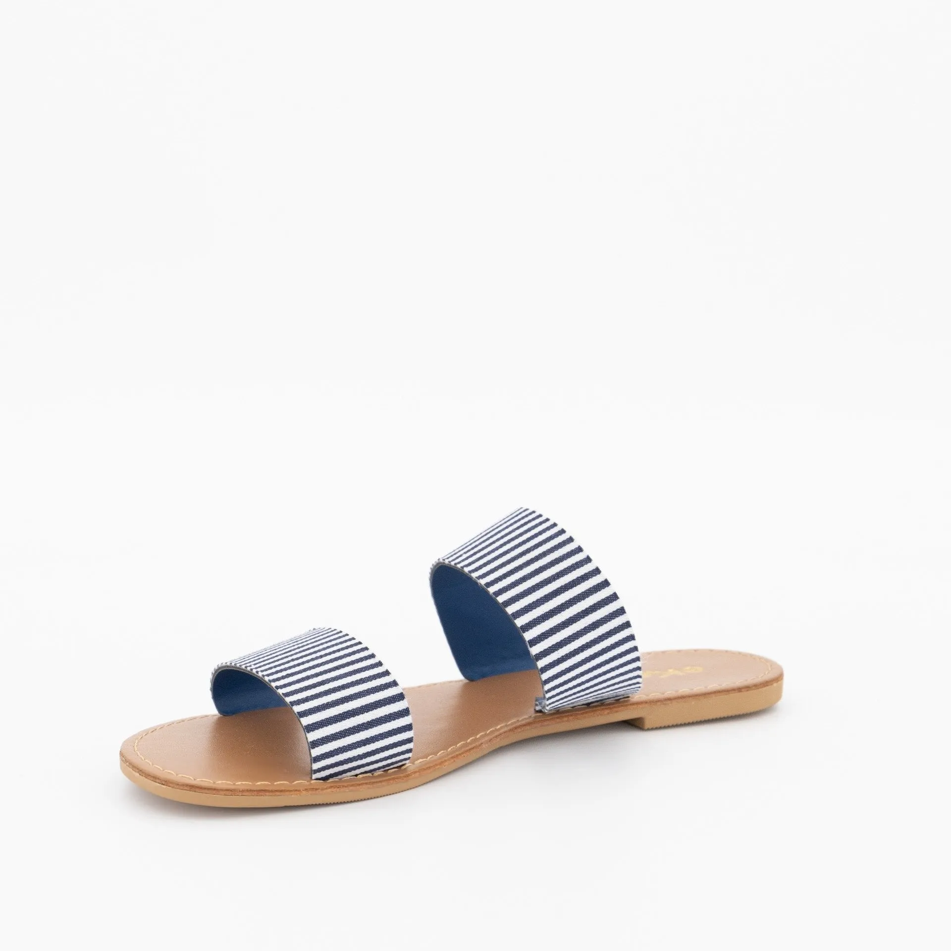 Ladies Double Strap Push-In Mule Flat Sandal - Navy
