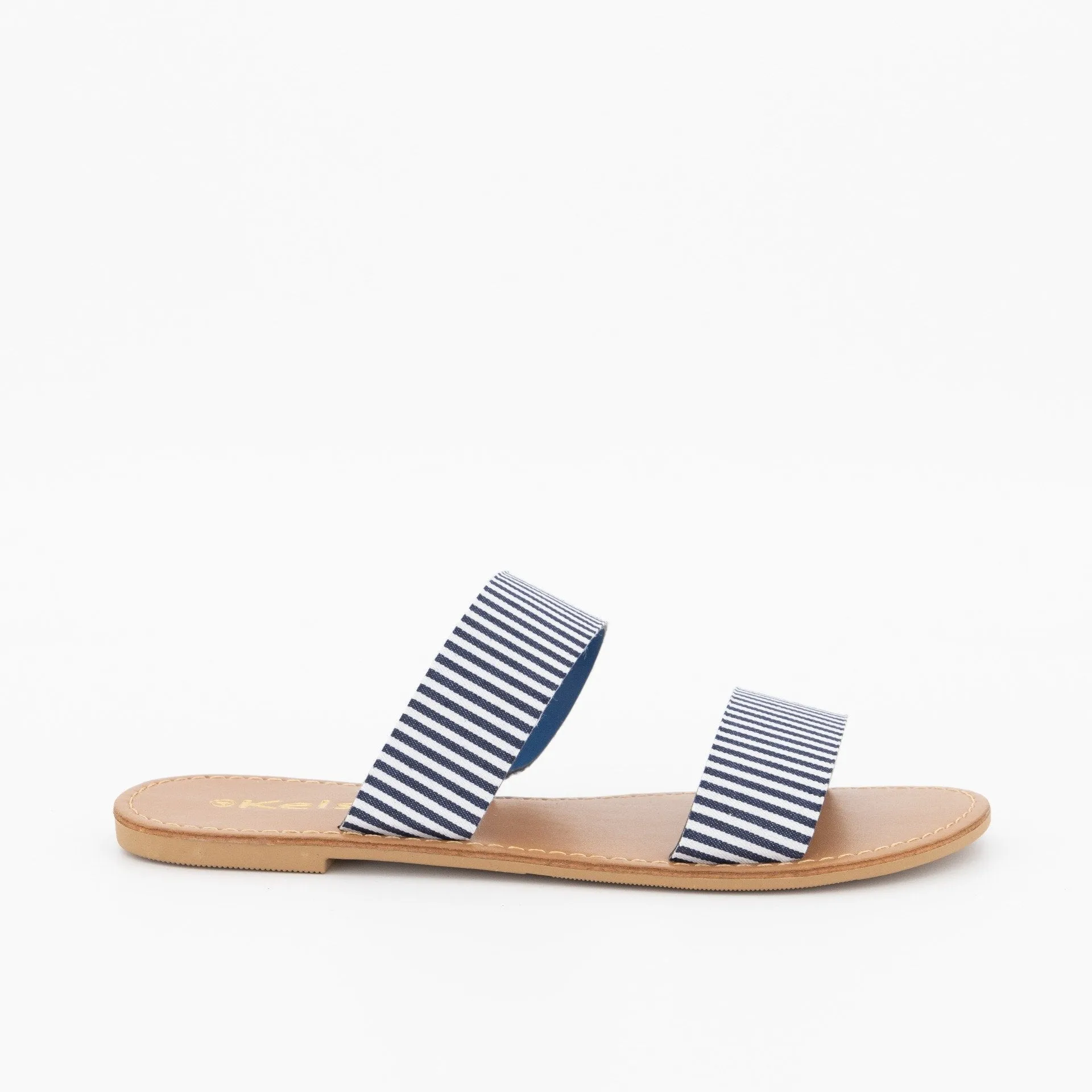 Ladies Double Strap Push-In Mule Flat Sandal - Navy