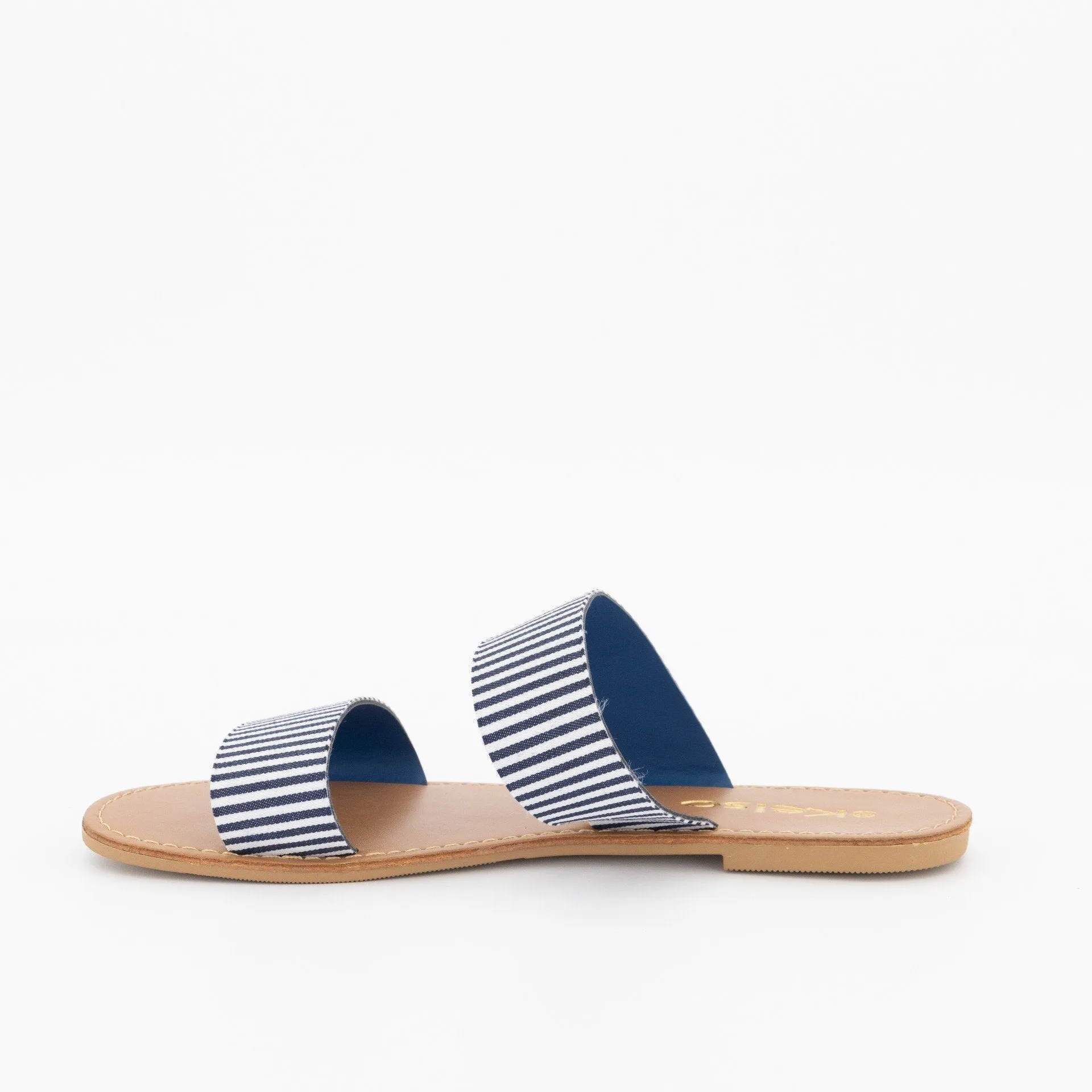Ladies Double Strap Push-In Mule Flat Sandal - Navy