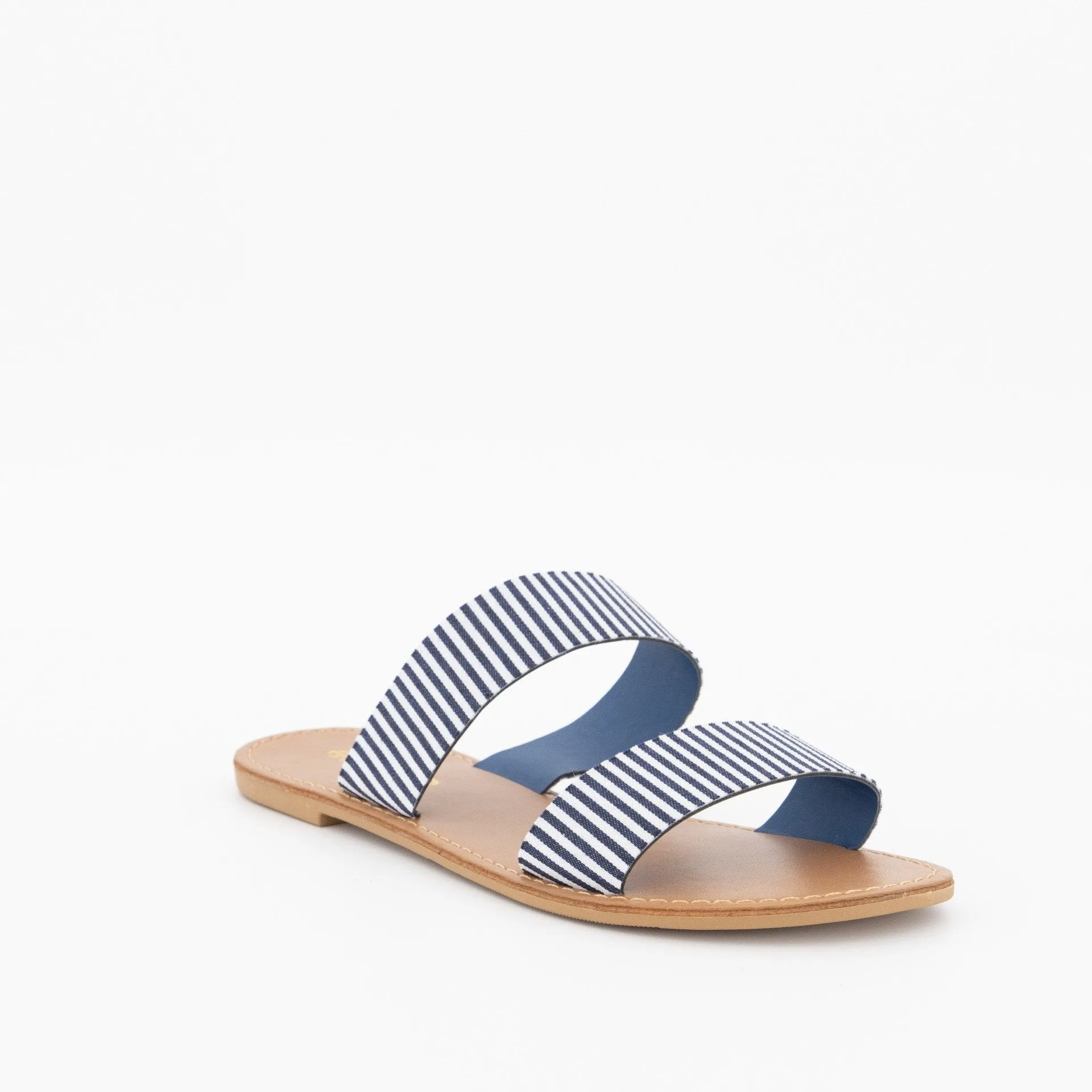 Ladies Double Strap Push-In Mule Flat Sandal - Navy