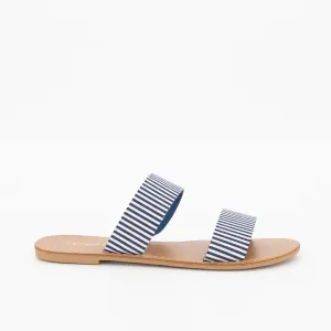 Ladies Double Strap Push-In Mule Flat Sandal - Navy