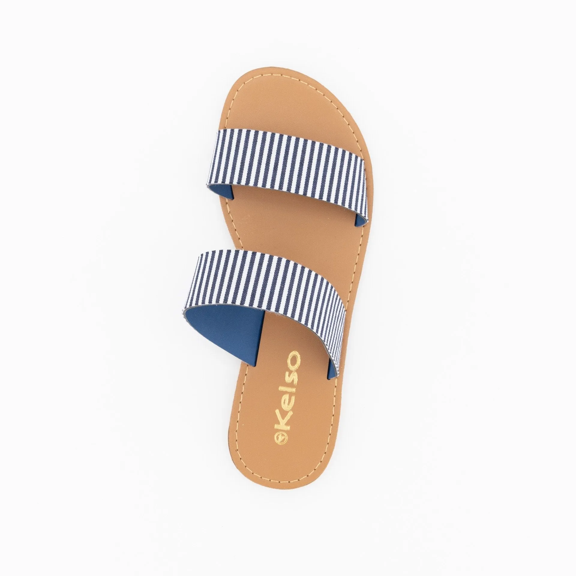 Ladies Double Strap Push-In Mule Flat Sandal - Navy