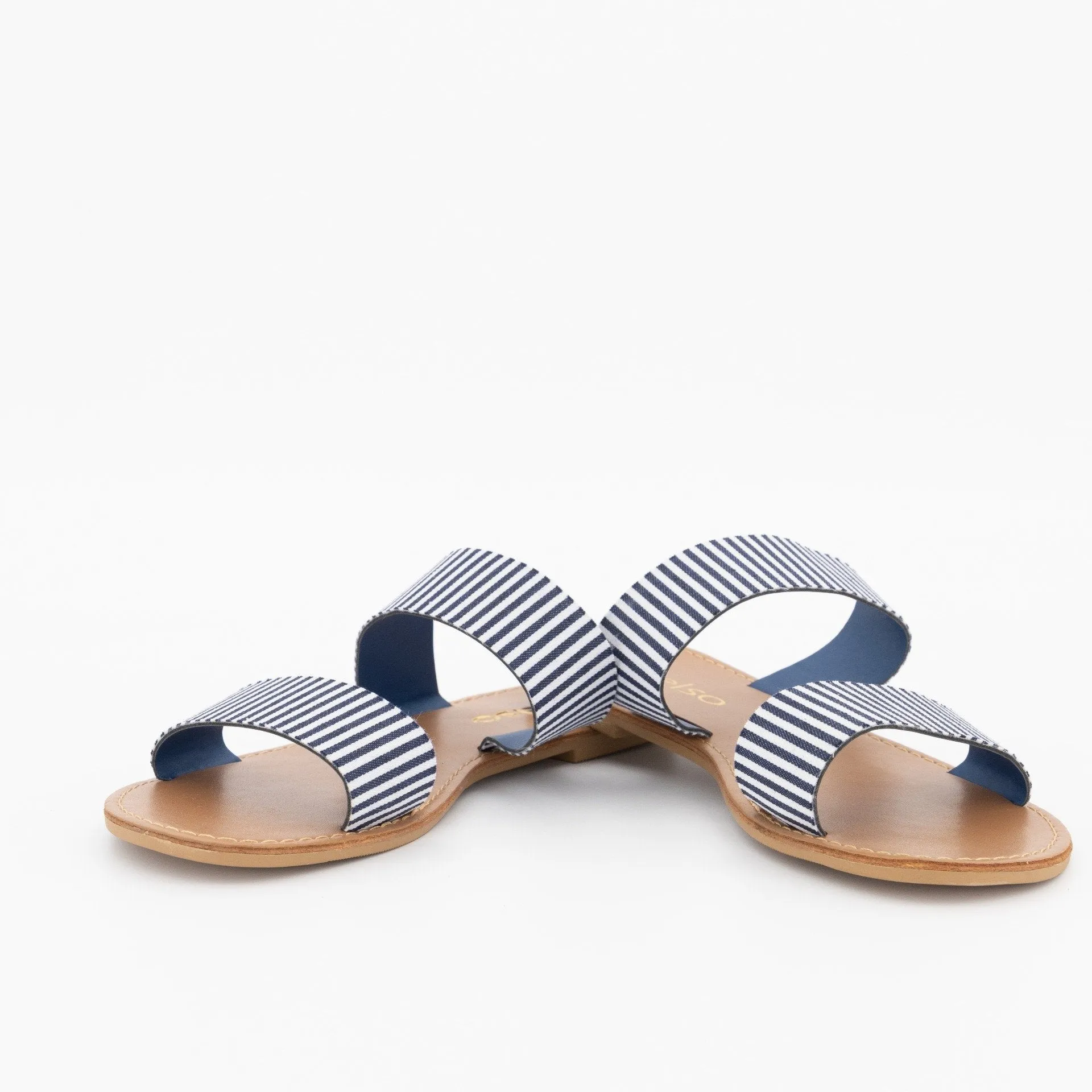 Ladies Double Strap Push-In Mule Flat Sandal - Navy