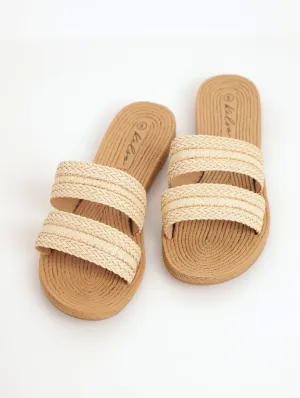 Ladies Double Strap Weaved Moulded Mule Sandal - Stone