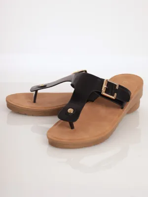 Ladies Padded Low Wedge Thong Sandal - Black