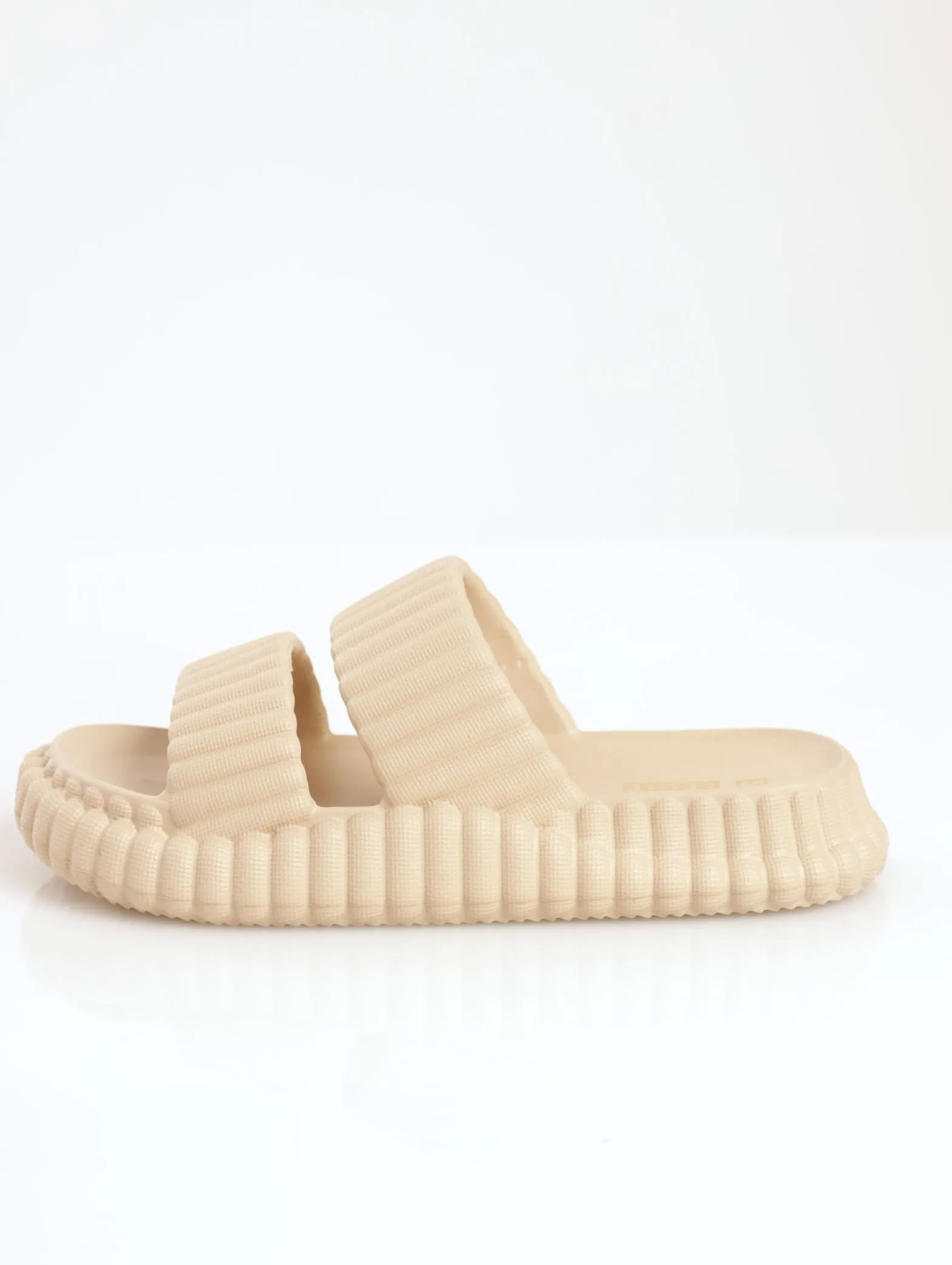 Ladies Ribbed Moulded Chunky Double Strap Mule Sandal - Sand