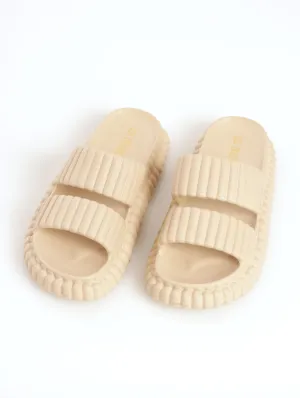 Ladies Ribbed Moulded Chunky Double Strap Mule Sandal - Sand