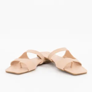 Ladies Side Cut-Out Flat Sandal - Beige