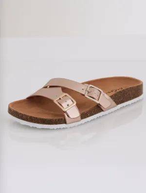 Ladies Thin Double Buckle Strap With Side Cut-Out Sandal - Rose Gold