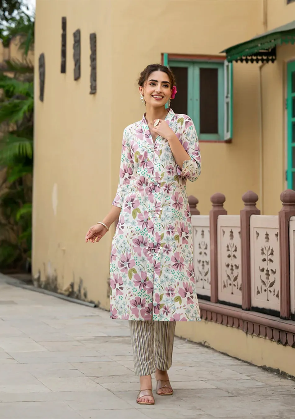 Lavender Floral Print Pure Cotton Straight Kurta with Trouser