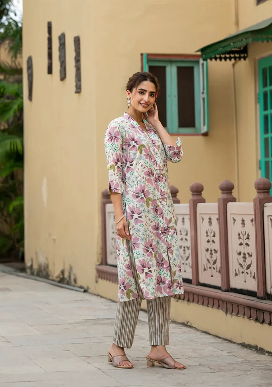 Lavender Floral Print Pure Cotton Straight Kurta with Trouser