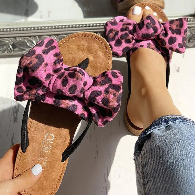 Leopard Bowknot Design Flat Sandals
