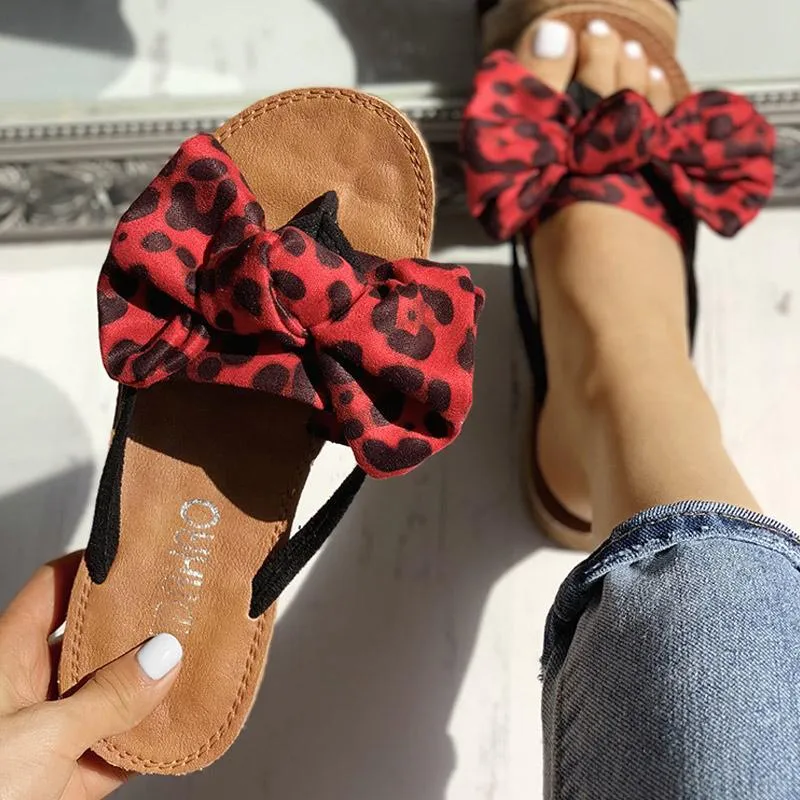 Leopard Bowknot Design Flat Sandals