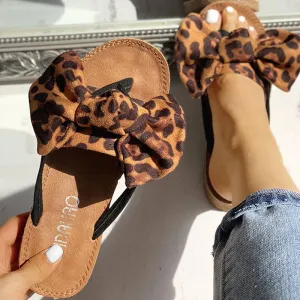 Leopard Bowknot Design Flat Sandals