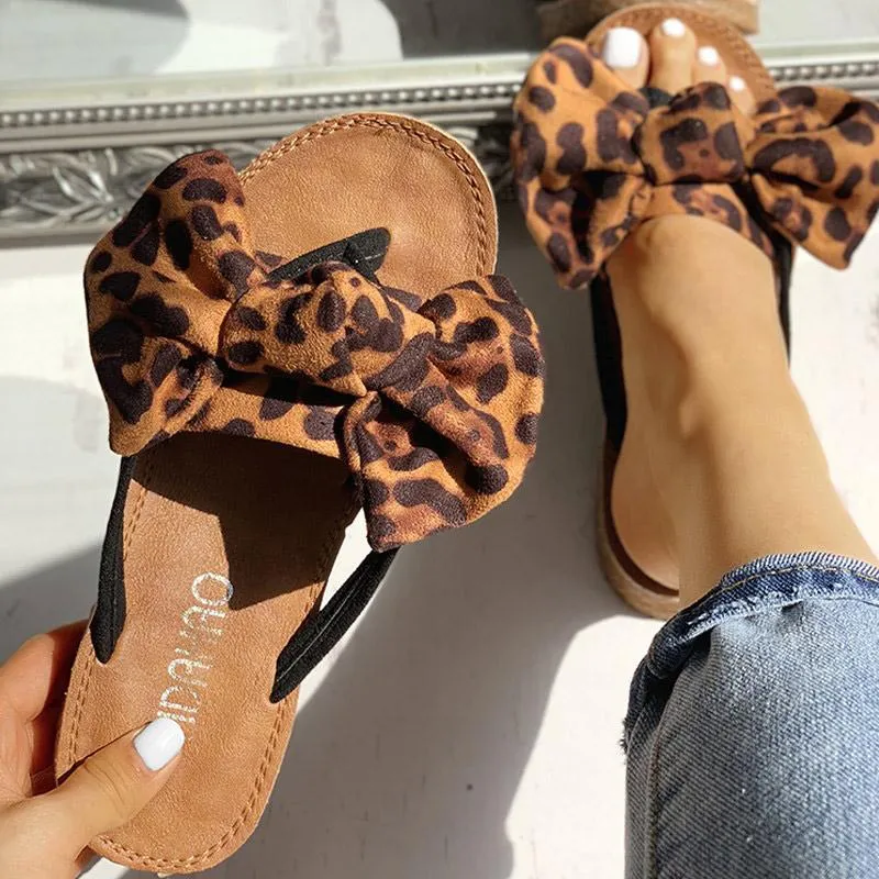 Leopard Bowknot Design Flat Sandals