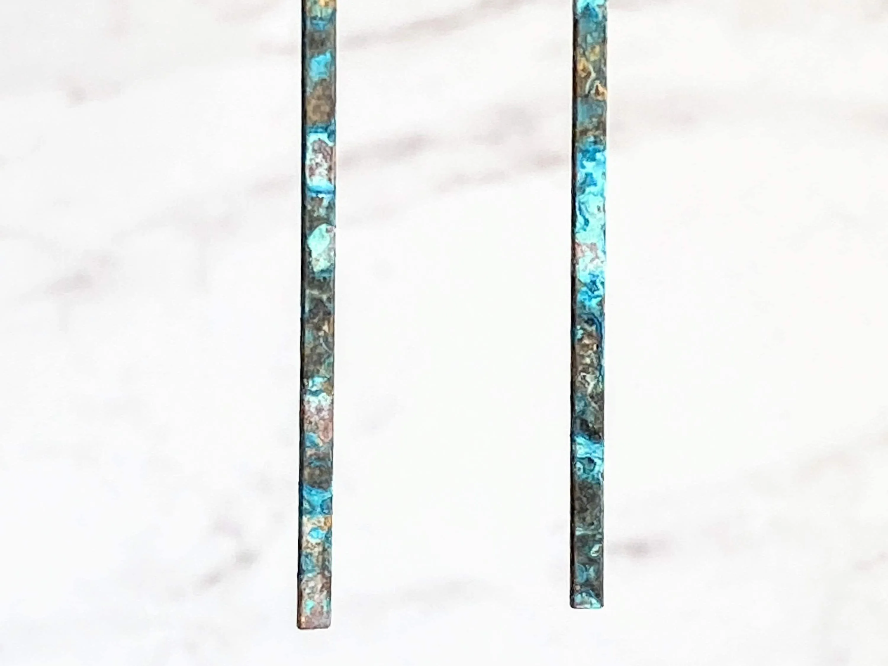 Long Thin Earrings - flat narrow bar in blue green aqua brown copper verdigris patina - handmade simple line stick - delicate ear hooks