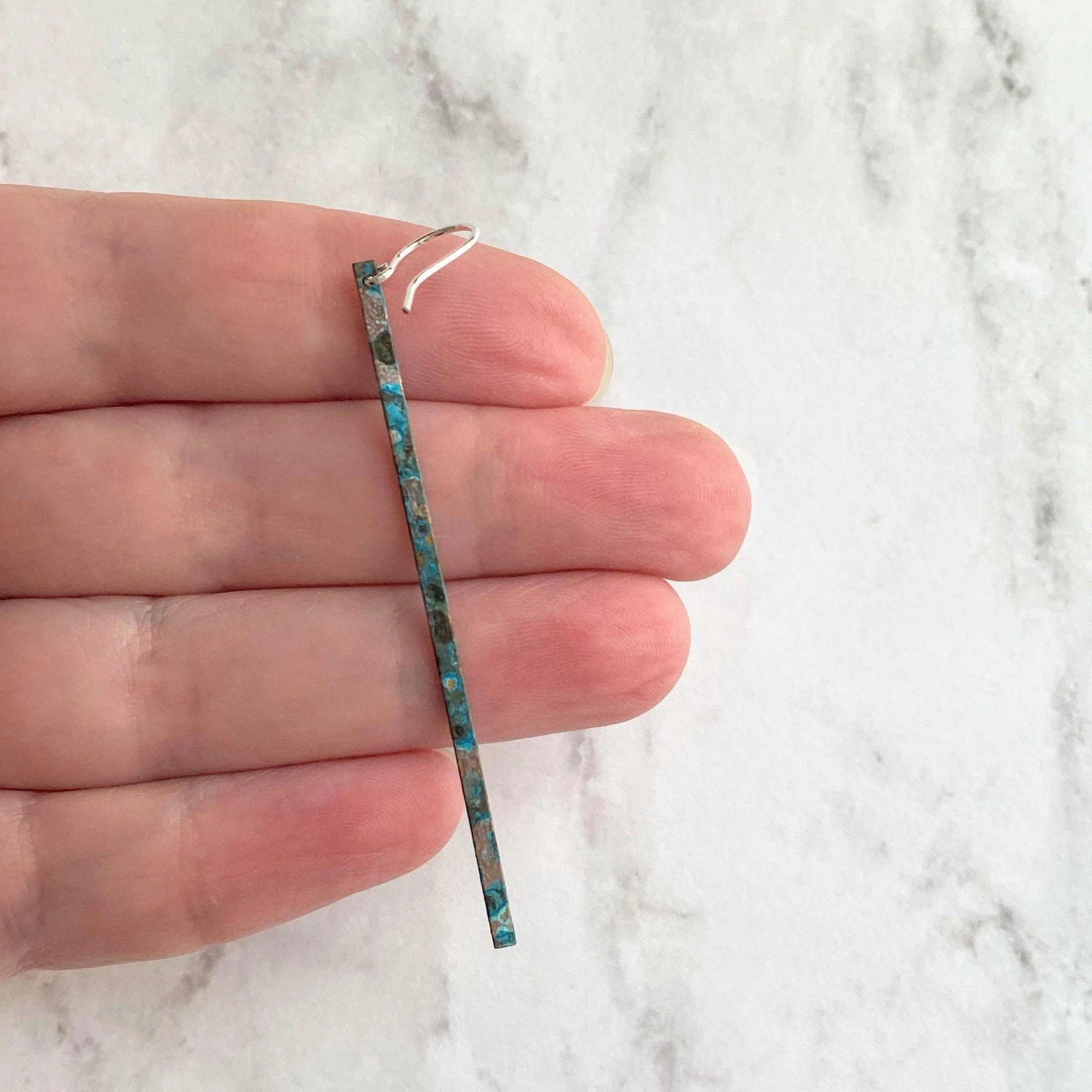 Long Thin Earrings - flat narrow bar in blue green aqua brown copper verdigris patina - handmade simple line stick - delicate ear hooks