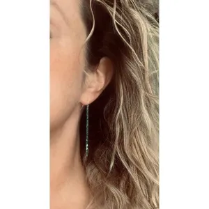 Long Thin Earrings - flat narrow bar in blue green aqua brown copper verdigris patina - handmade simple line stick - delicate ear hooks