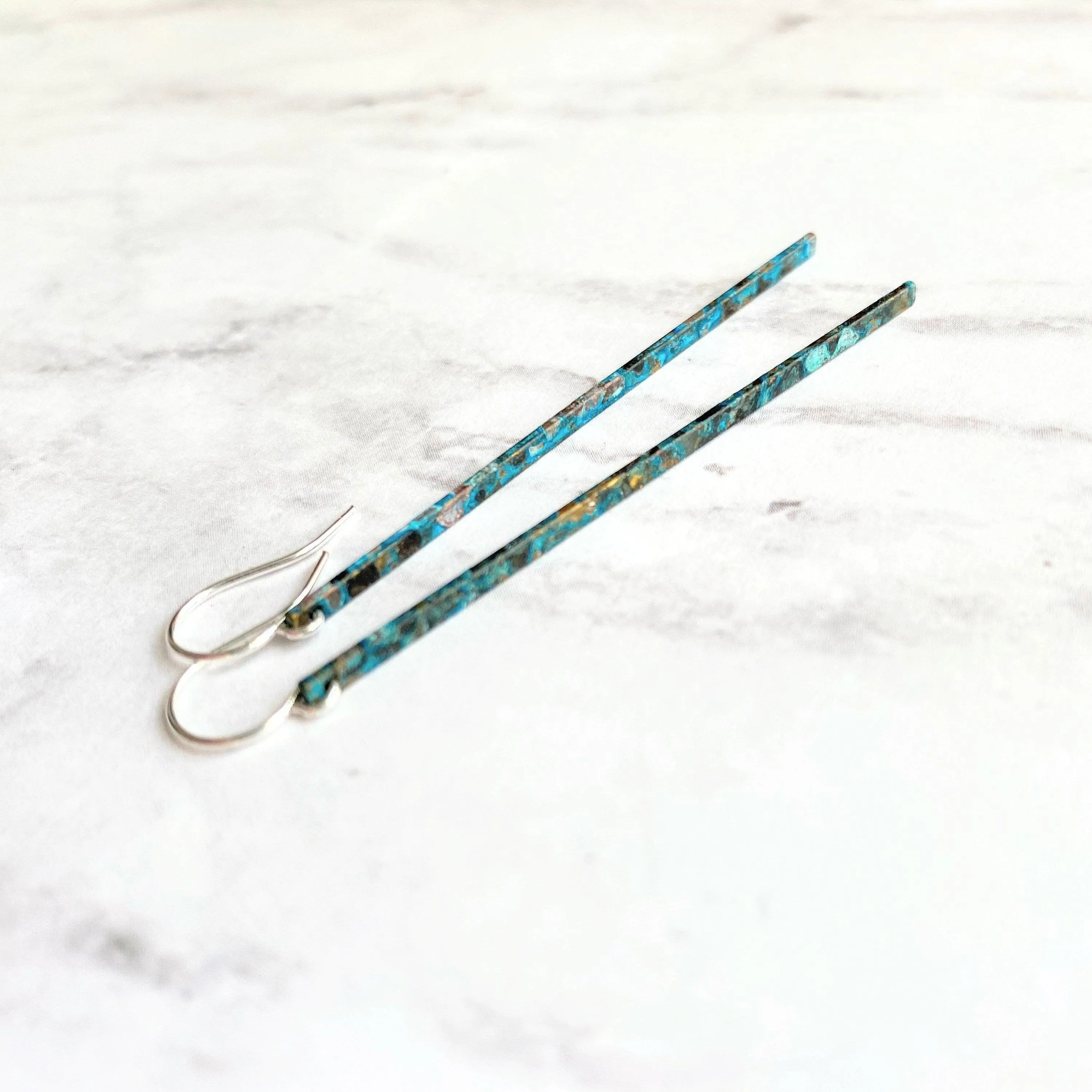 Long Thin Earrings - flat narrow bar in blue green aqua brown copper verdigris patina - handmade simple line stick - delicate ear hooks