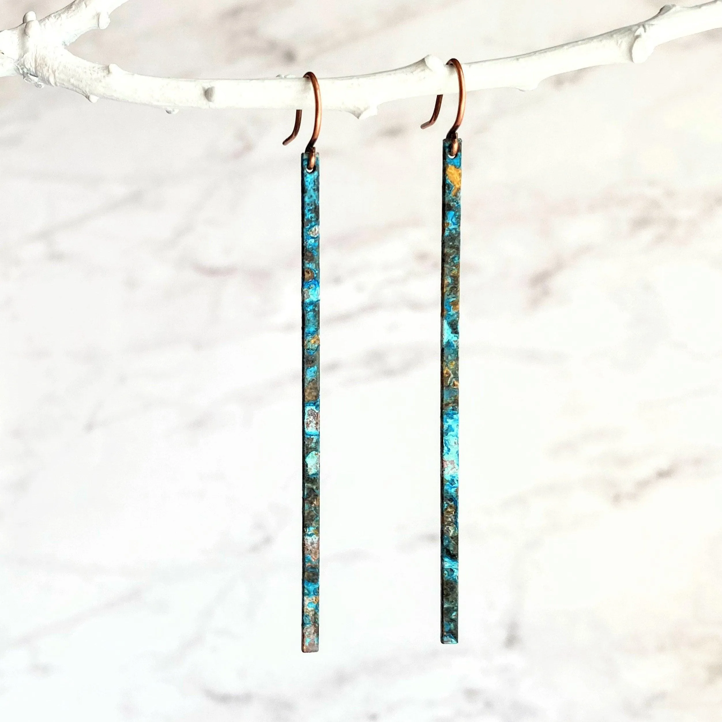 Long Thin Earrings - flat narrow bar in blue green aqua brown copper verdigris patina - handmade simple line stick - delicate ear hooks