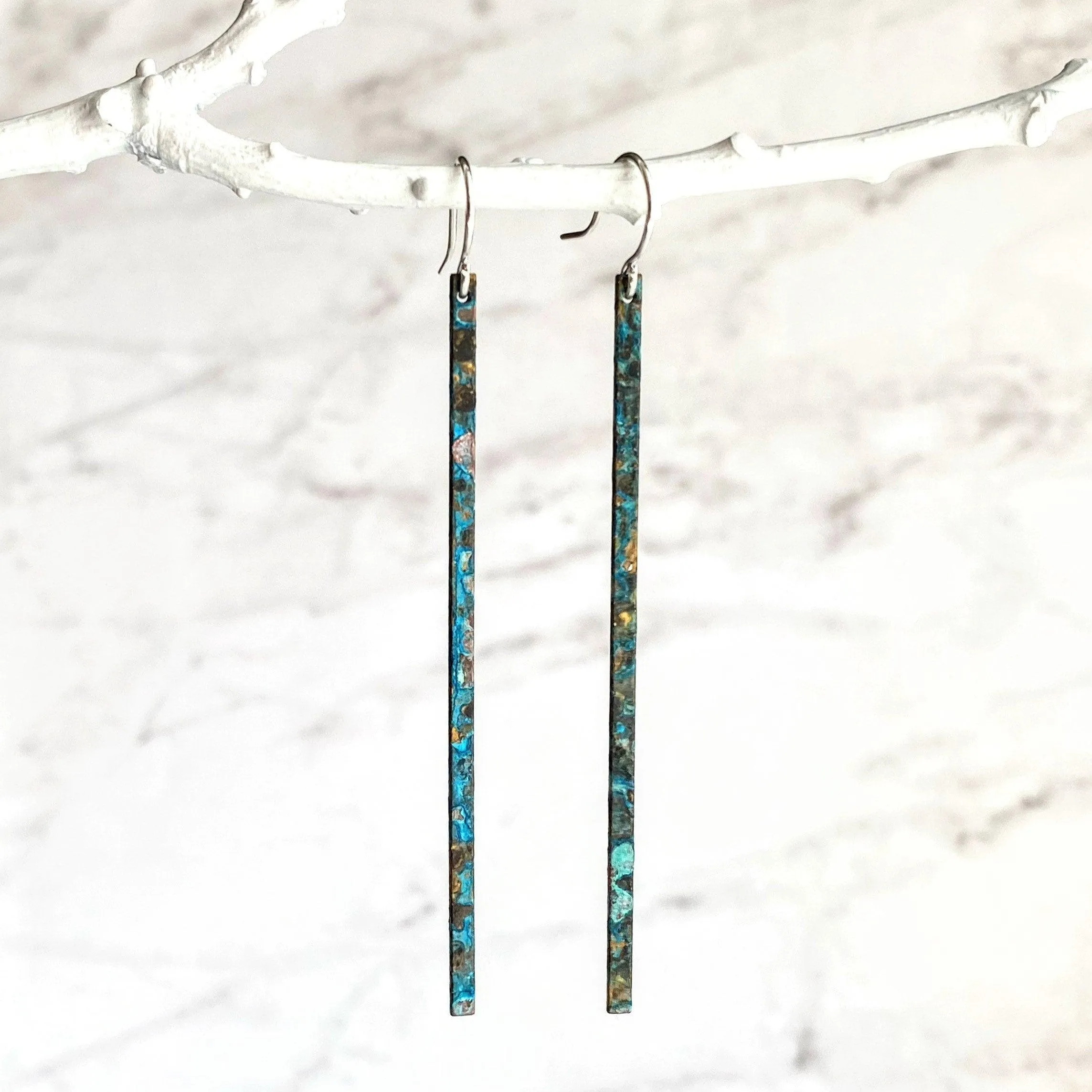 Long Thin Earrings - flat narrow bar in blue green aqua brown copper verdigris patina - handmade simple line stick - delicate ear hooks