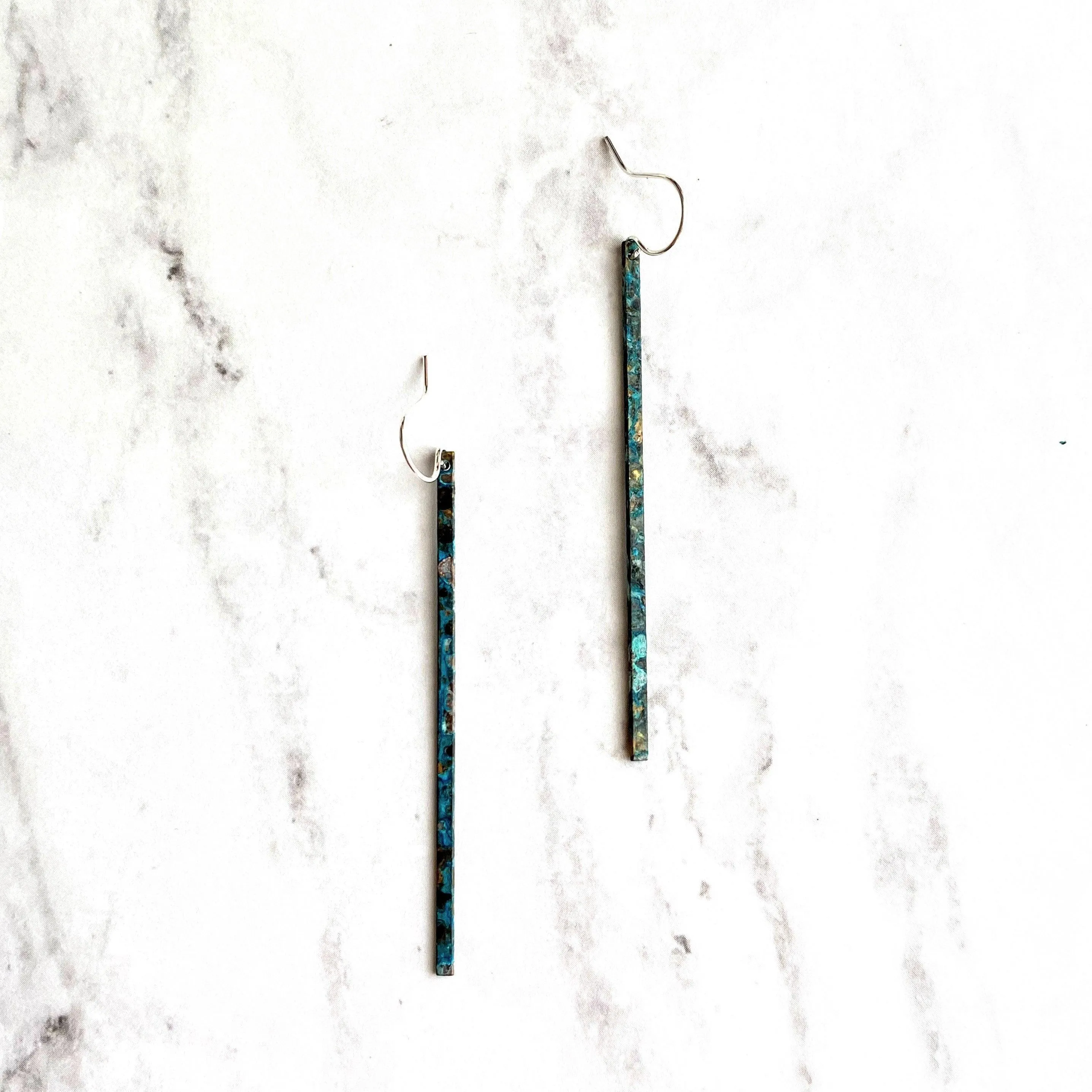 Long Thin Earrings - flat narrow bar in blue green aqua brown copper verdigris patina - handmade simple line stick - delicate ear hooks