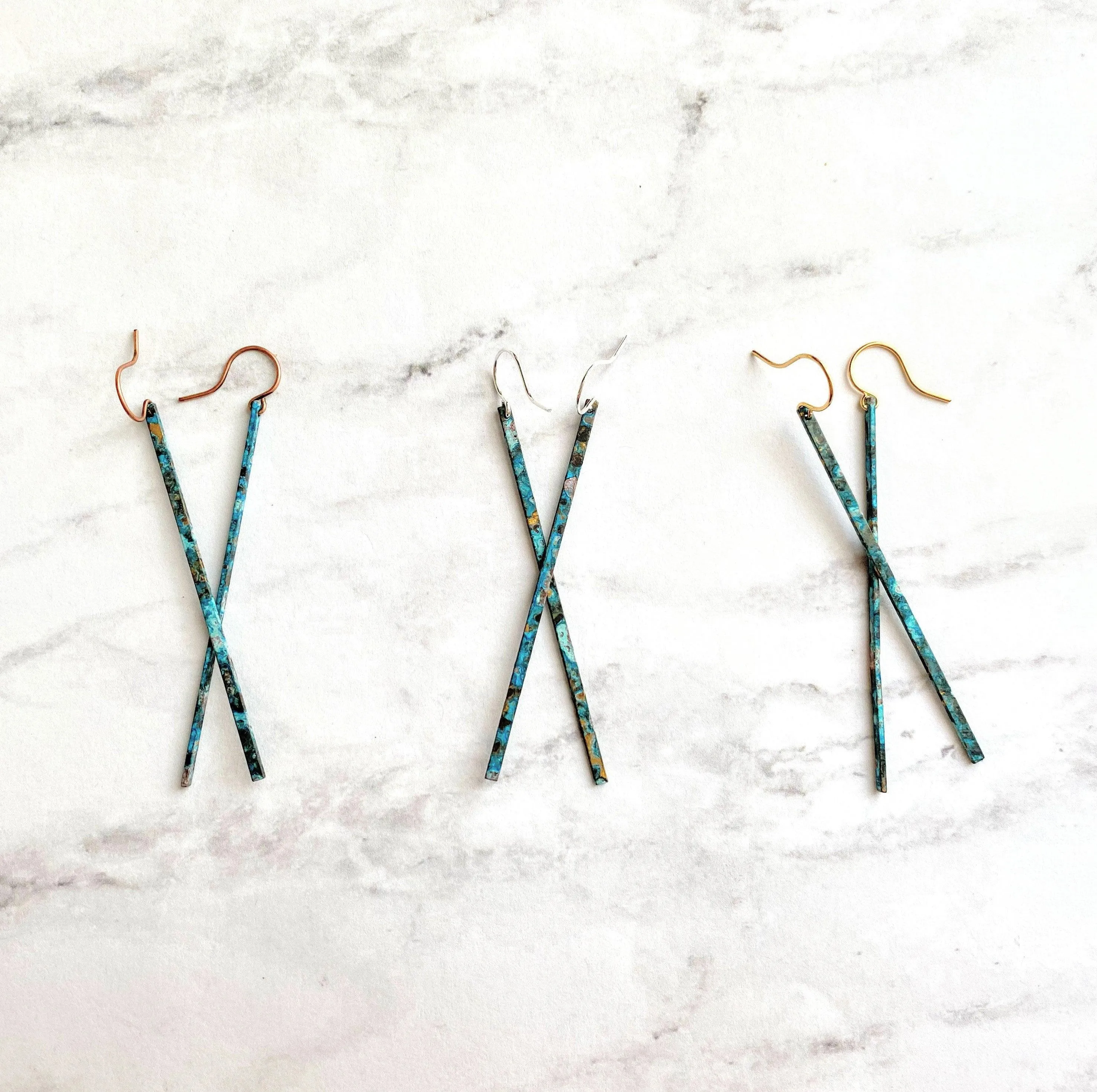 Long Thin Earrings - flat narrow bar in blue green aqua brown copper verdigris patina - handmade simple line stick - delicate ear hooks