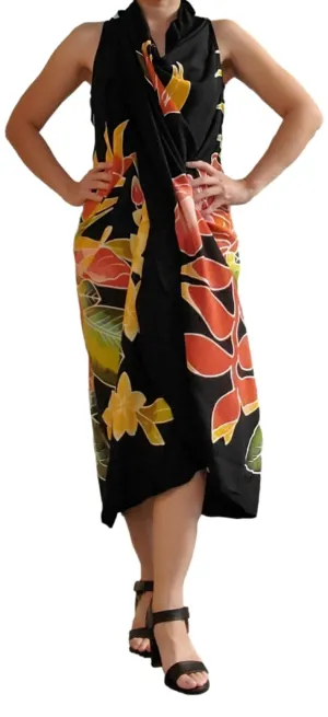 Magic Sarong - Rounded Corners - Handpainted Black Tropical Bouquet