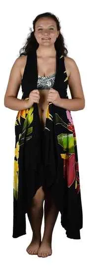 Magic Sarong - Rounded Corners - Handpainted Black Tropical Bouquet