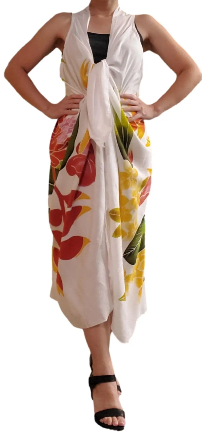 Magic Sarong - Rounded Corners - Handpainted White Tropical Bouquet