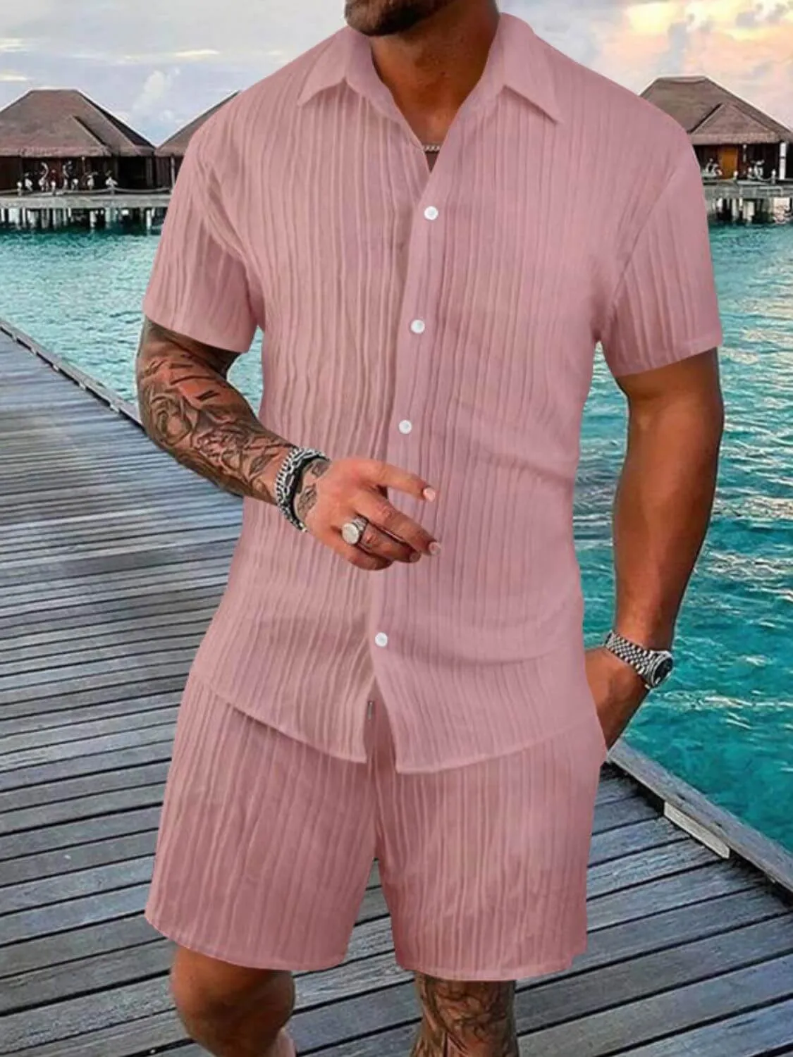 Men’s Button Down Shirt & Shorts Set – 2 Piece Outfit