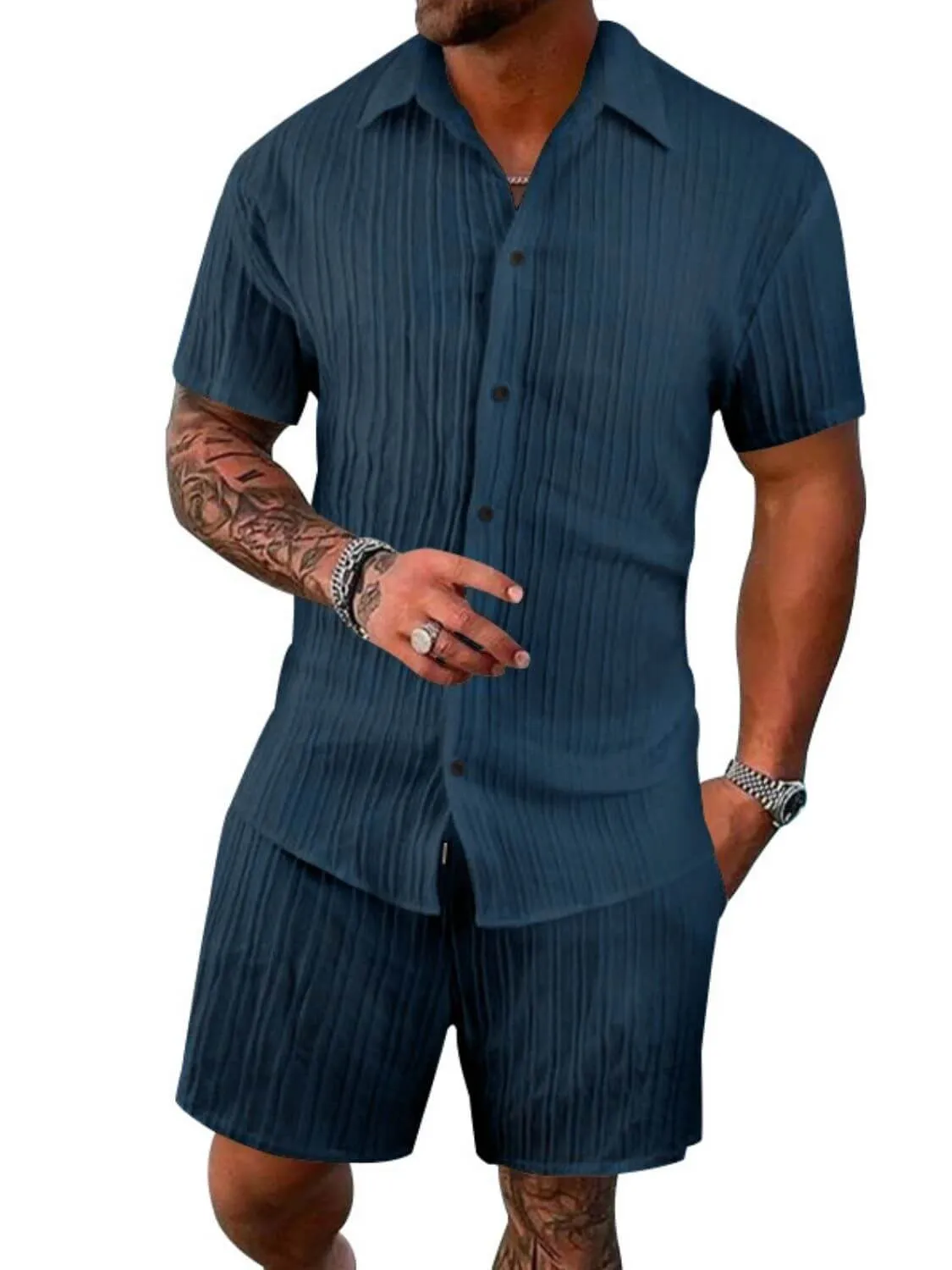 Men’s Button Down Shirt & Shorts Set – 2 Piece Outfit