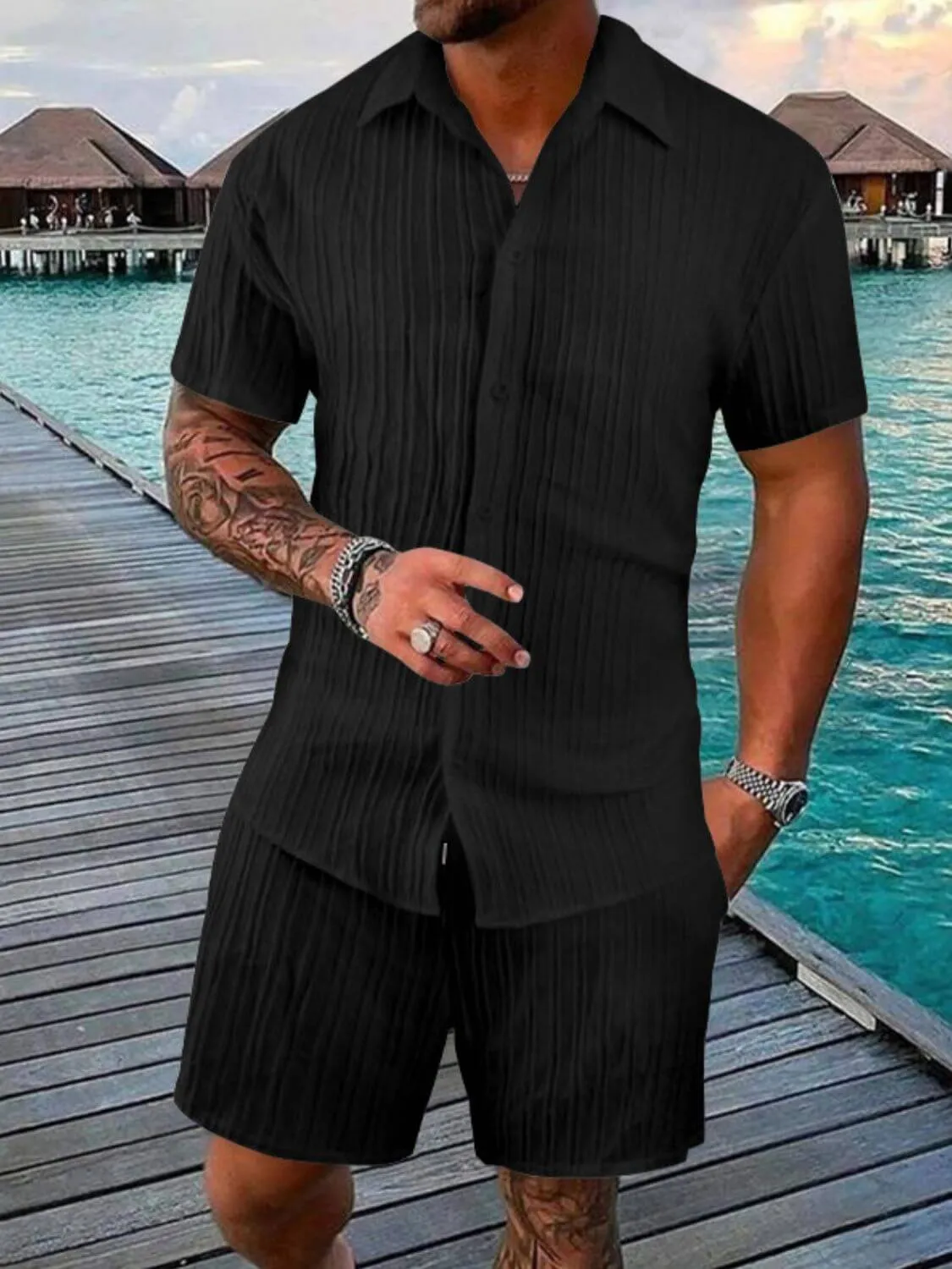 Men’s Button Down Shirt & Shorts Set – 2 Piece Outfit