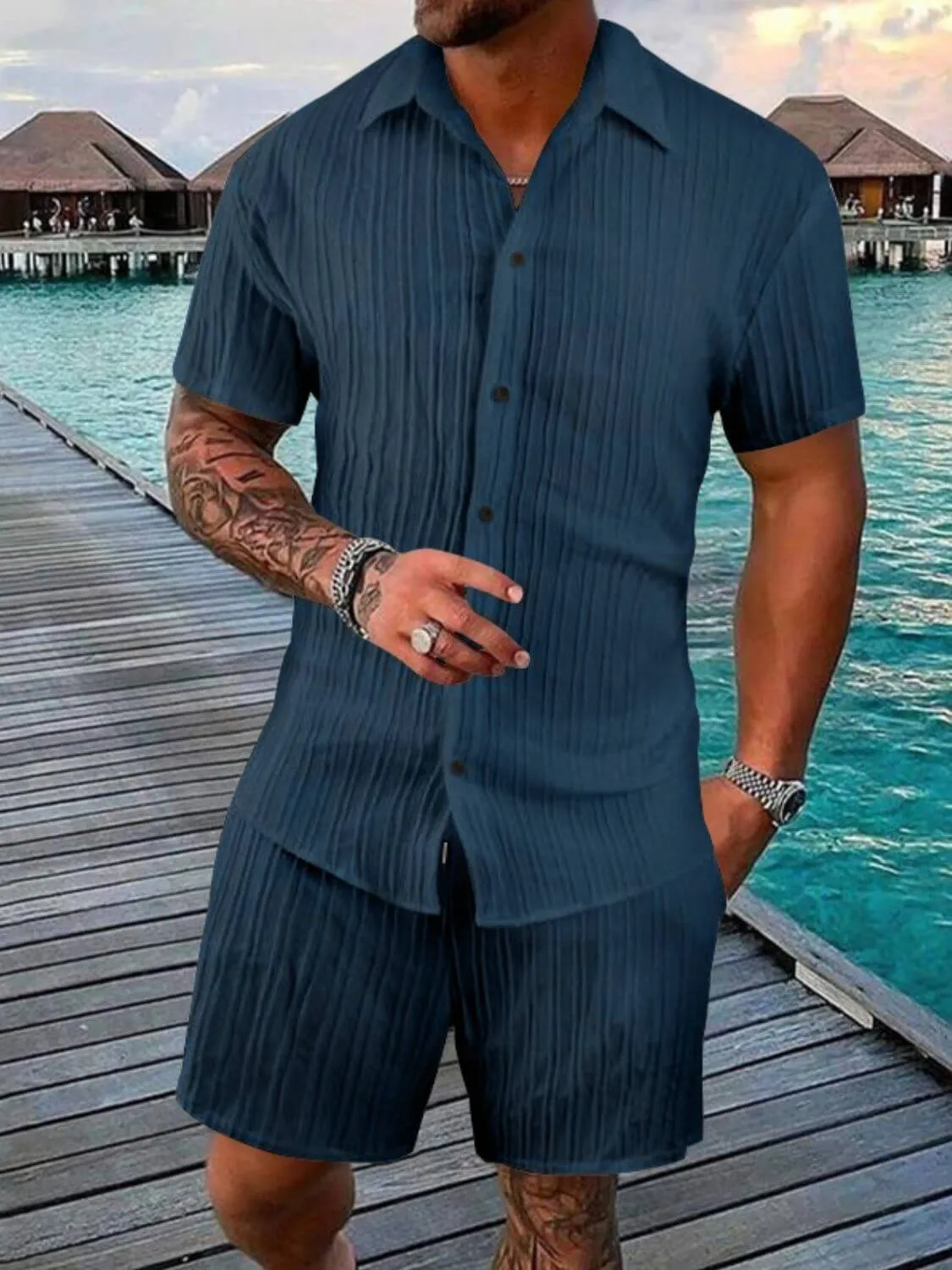 Men’s Button Down Shirt & Shorts Set – 2 Piece Outfit