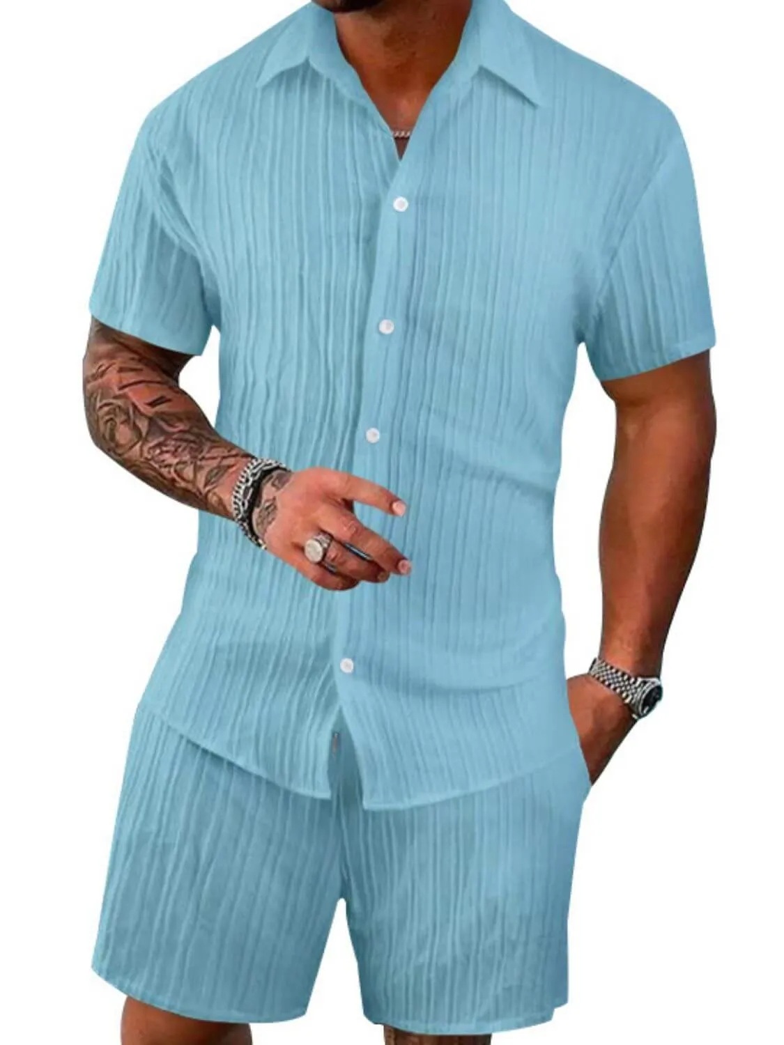 Men’s Button Down Shirt & Shorts Set – 2 Piece Outfit