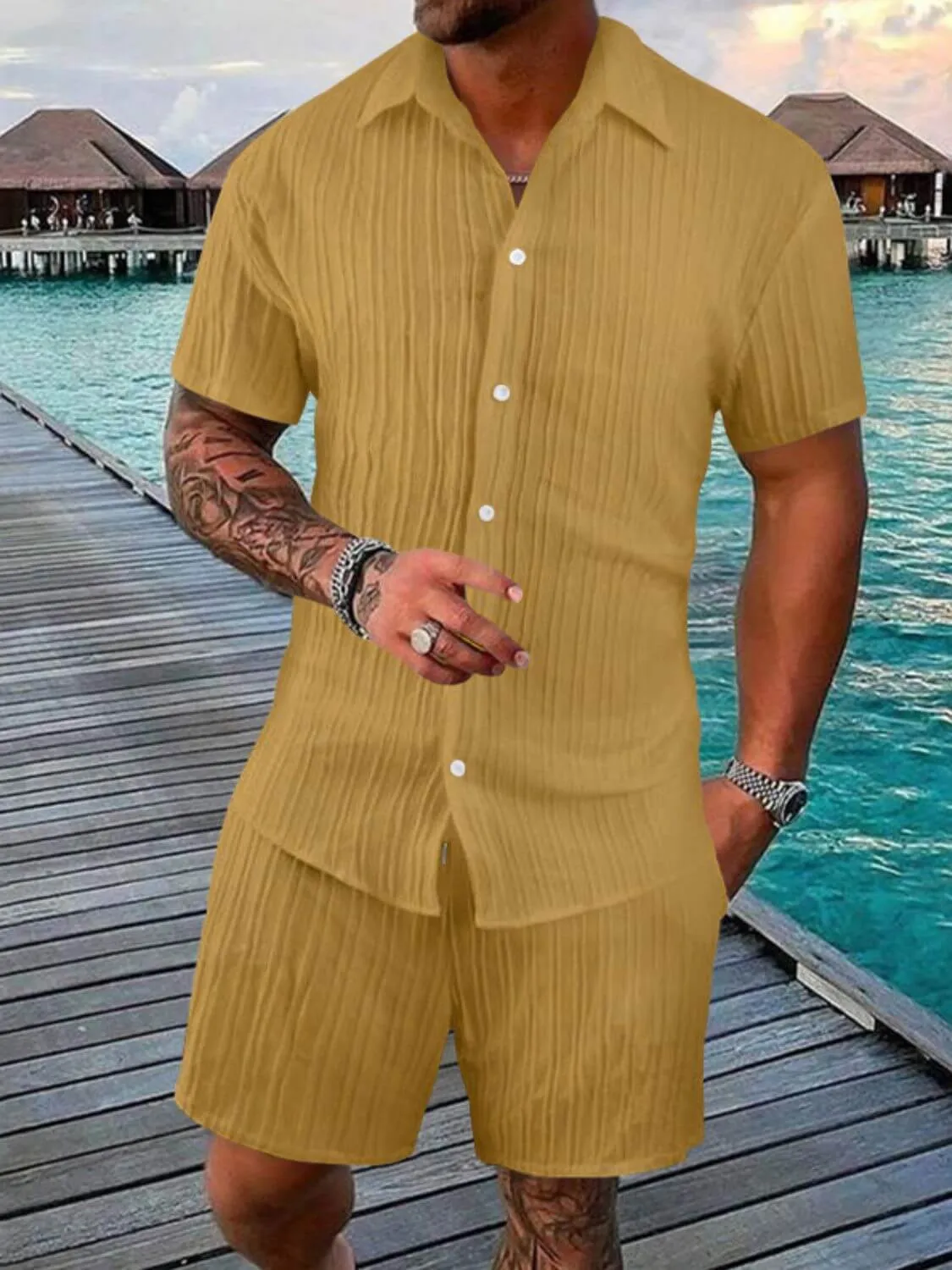 Men’s Button Down Shirt & Shorts Set – 2 Piece Outfit