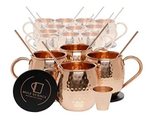Mule Science Authentic Moscow Mule Copper Mugs Set of 16 (16oz) | Solid Barrel 100% Copper Cups Set w/ 16 Straws, 16 Coasters & 2 Shot Glasses | Handcrafted Tarnish-Resistant Food Grade Lacquer Coat