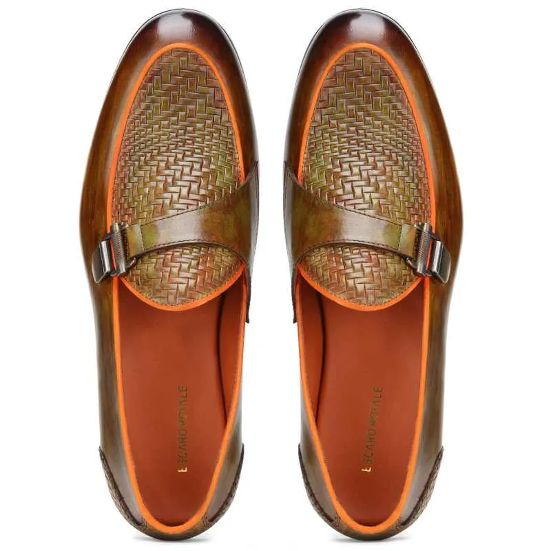 Raven Weave-Embossed Single Monk Slipons - Tan