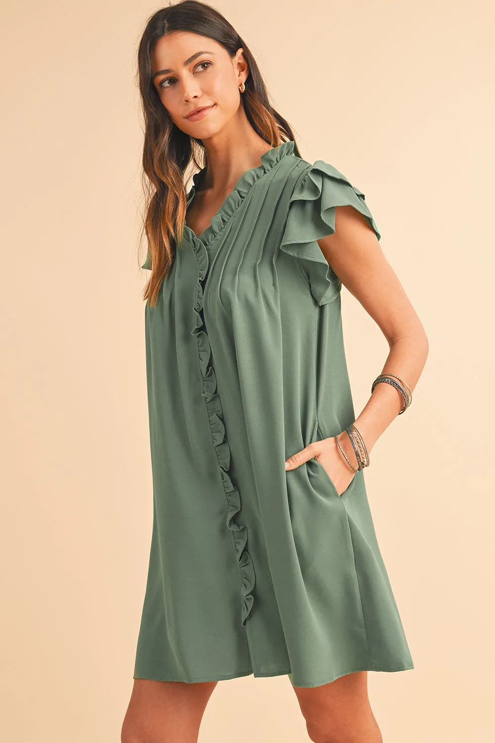 Ruffle Trim Sleeve V Neck Pocketed Mini Dress