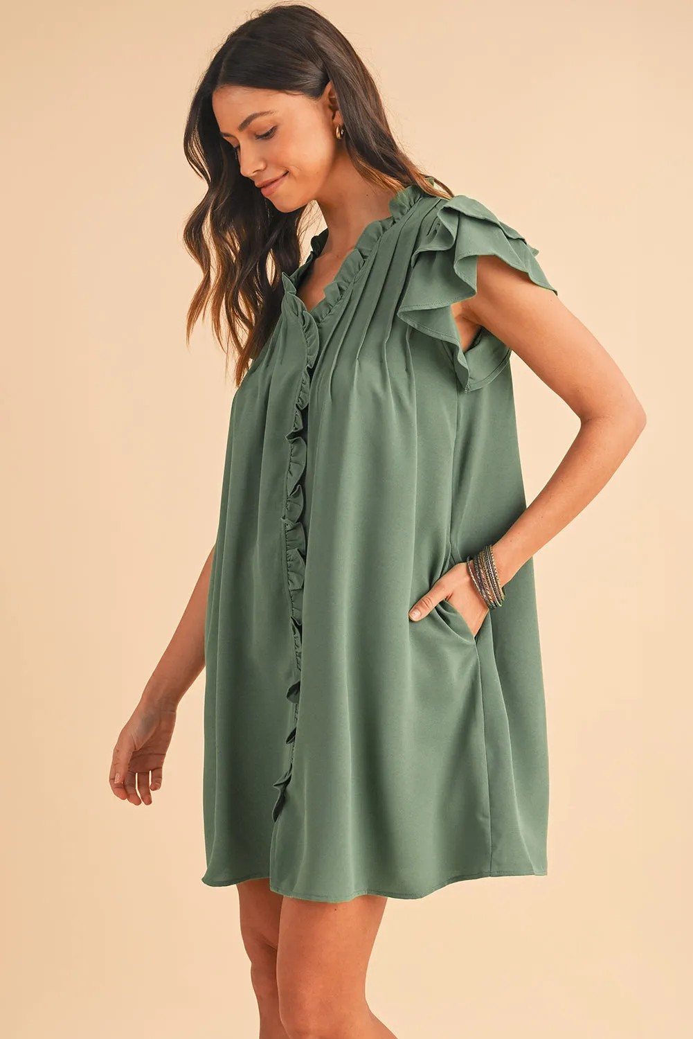 Ruffle Trim Sleeve V Neck Pocketed Mini Dress