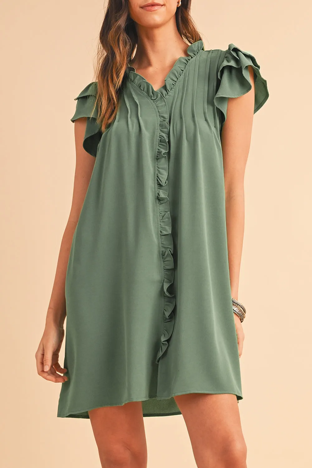 Ruffle Trim Sleeve V Neck Pocketed Mini Dress