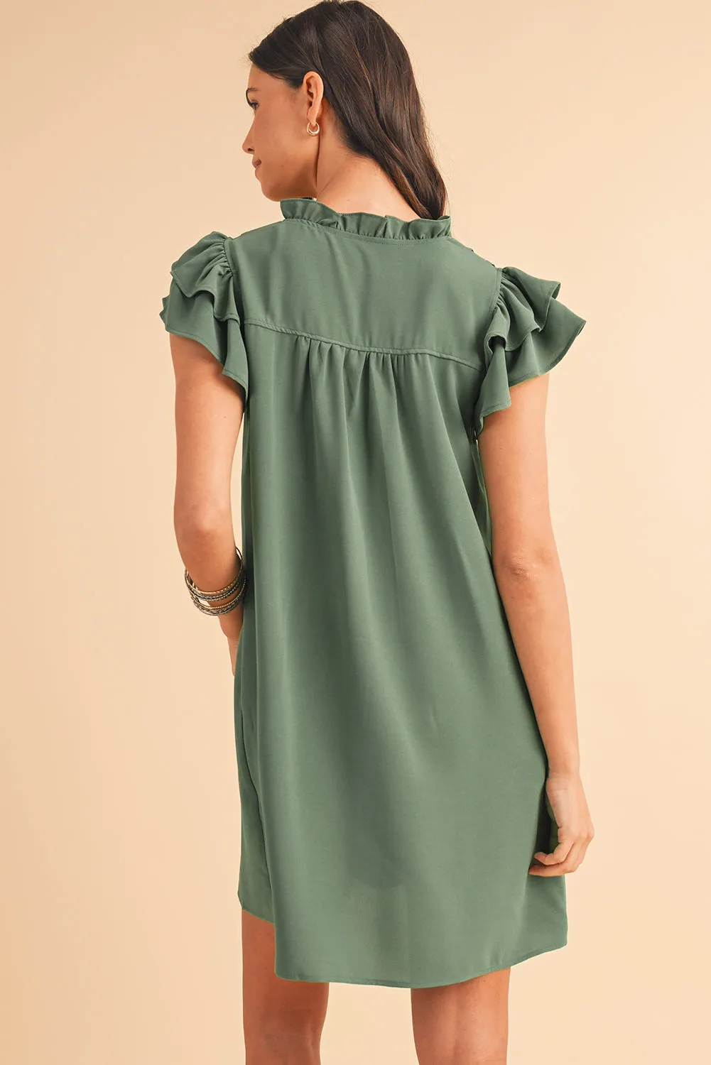 Ruffle Trim Sleeve V Neck Pocketed Mini Dress