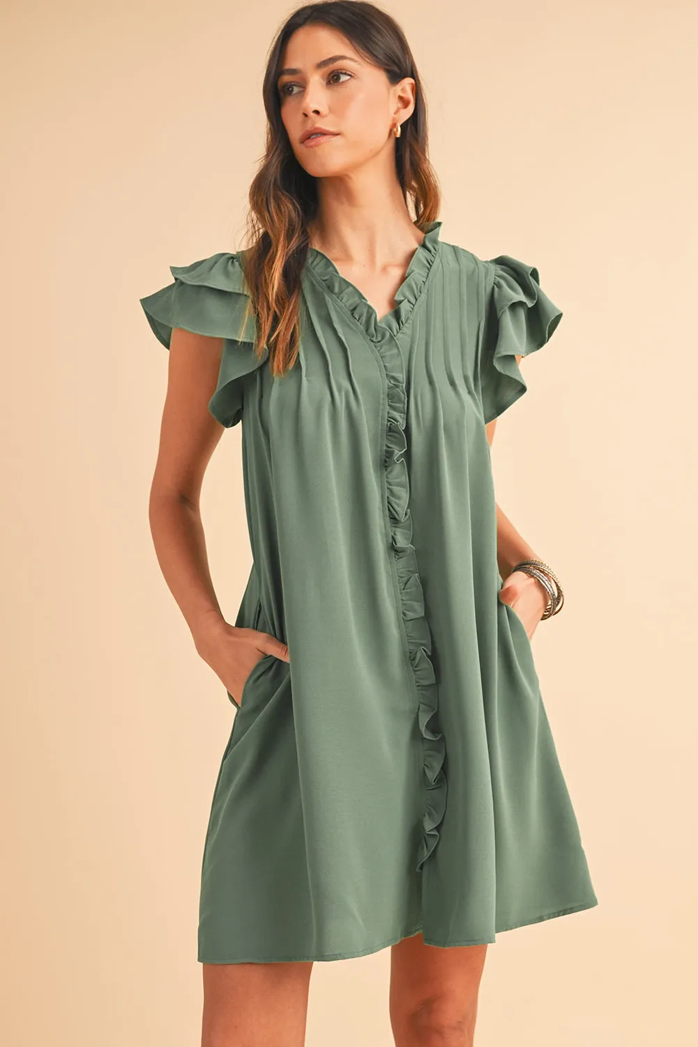 Ruffle Trim Sleeve V Neck Pocketed Mini Dress