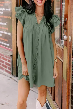 Ruffle Trim Sleeve V Neck Pocketed Mini Dress