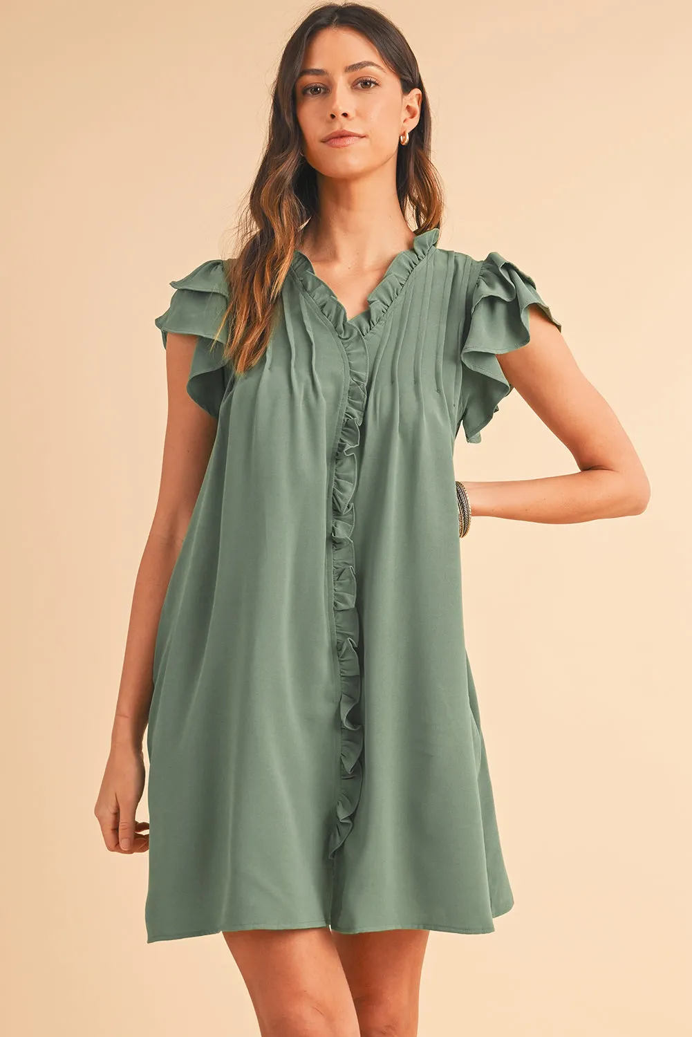 Ruffle Trim Sleeve V Neck Pocketed Mini Dress