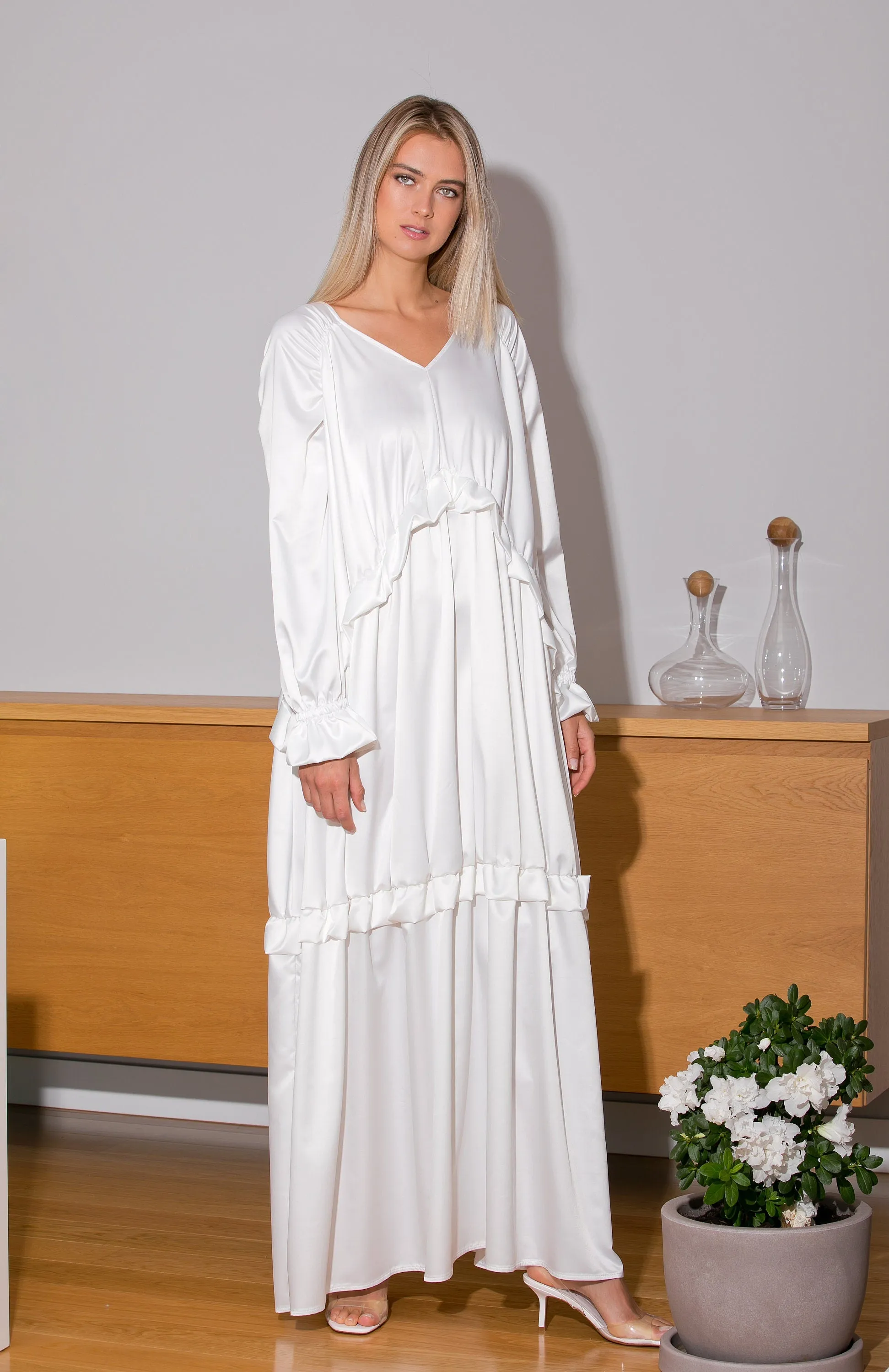 Satin Maxi Dress, White Satin Dress, Simple Wedding Dress, Kaftan Dress, Boho Wedding Dress, Plus Size Dress, Long Sleeve Dress, Loose
