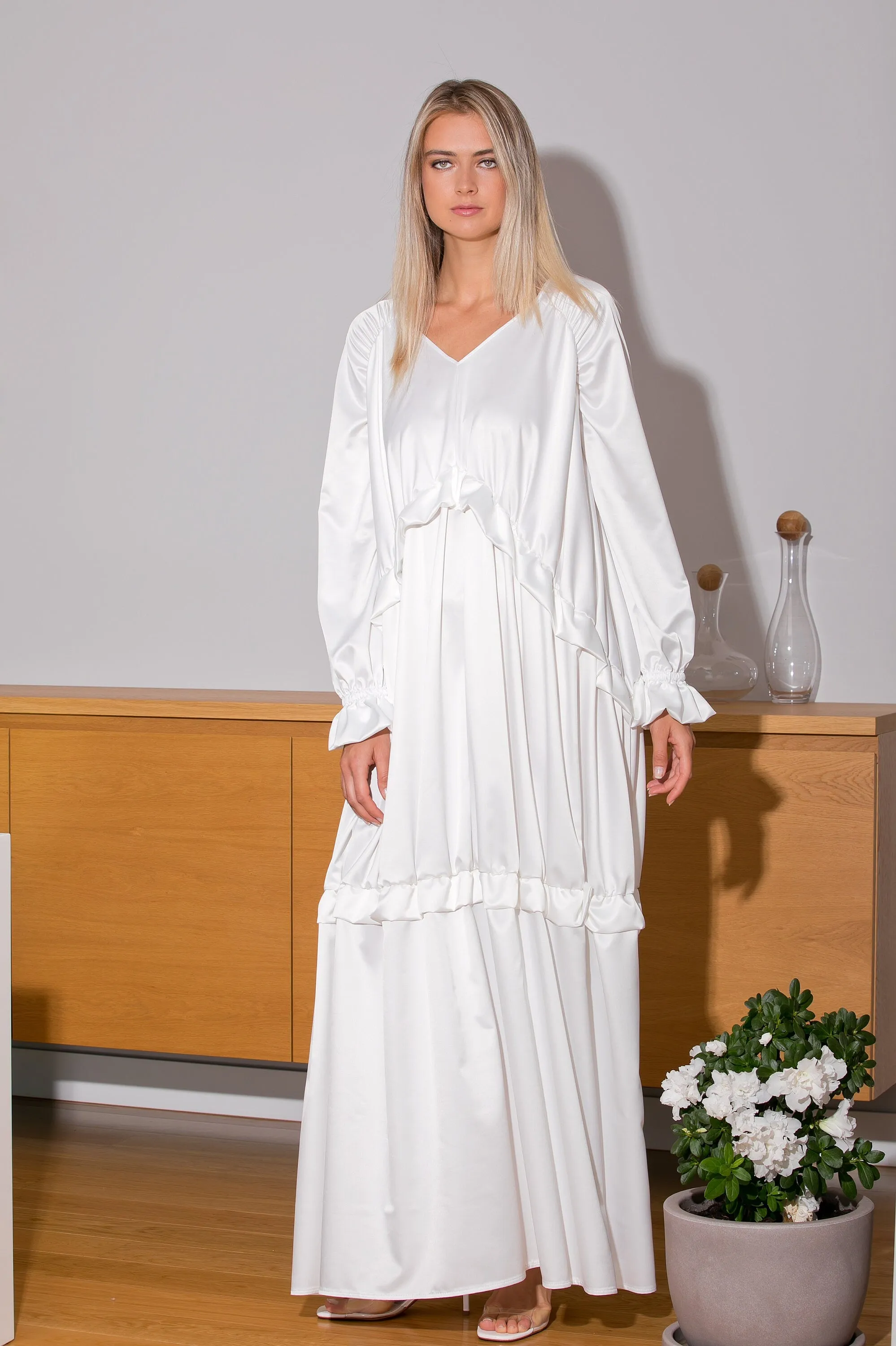 Satin Maxi Dress, White Satin Dress, Simple Wedding Dress, Kaftan Dress, Boho Wedding Dress, Plus Size Dress, Long Sleeve Dress, Loose
